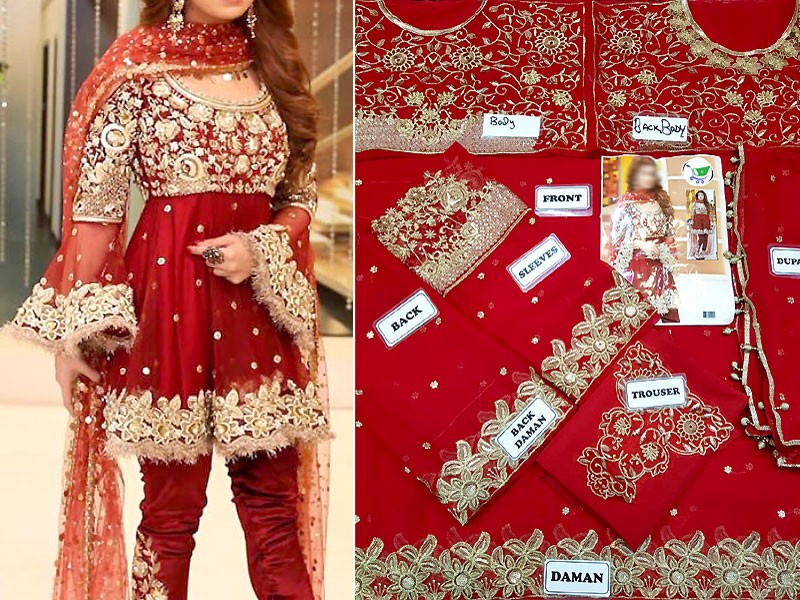 Embroidered Red Chiffon Bridal Dress